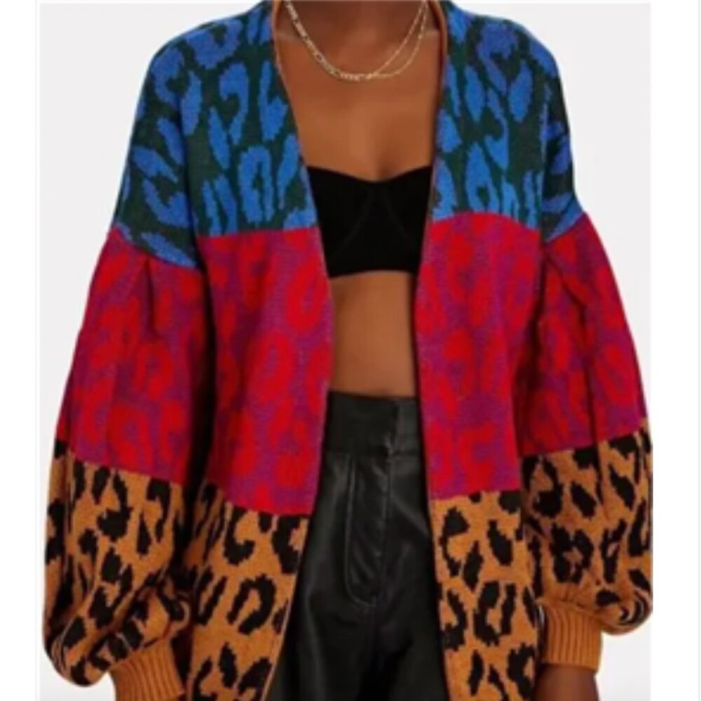 FARM RIO Mixed Print Ikat Dyed Leopard Print Balloon Sleeve Cardigan S $195 NWT - Picture 2 of 6